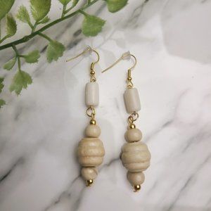 Cream Wood And Deer Bone Dangle Bohemian Beaded Earrings